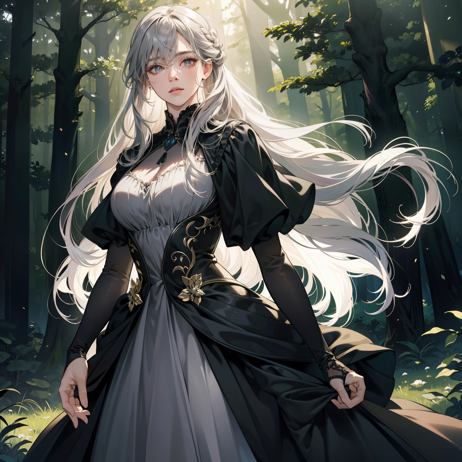 Masterpiece, high quality, best quality, HD, realistic, perfect lighting, detailed body, 1 woman, perfect eyes, long hair, Gray Hair, glowing, black gown dress, forest background.