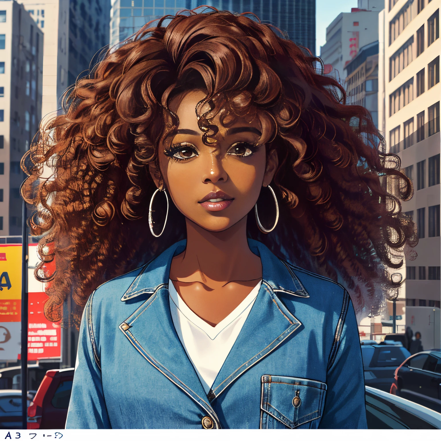 (a 35 year old woman)| (a girl:1.1), brown skin, portrait, curly long hair, barely any makeup, super detailed, modern style, city, direct look, contoured.