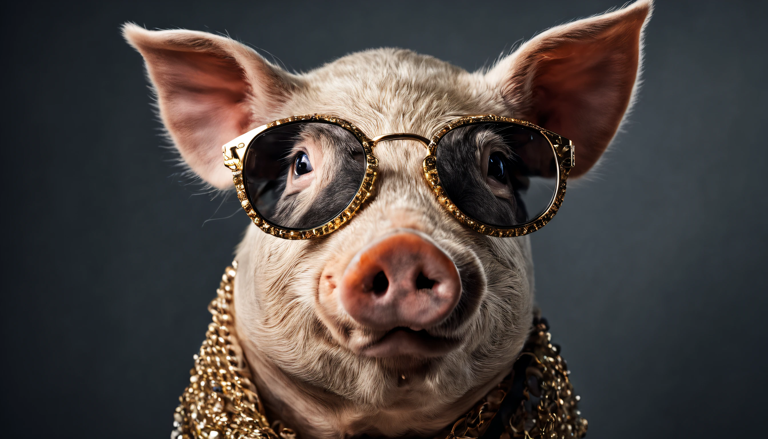 portrait of an anthropomorphic pig, facing the camera, wearing sunglasses and golden jewlery, Armani art suite, looking at the camera, magazine photoshoot, journalistic shot, professional photoshoot lighting, soft box