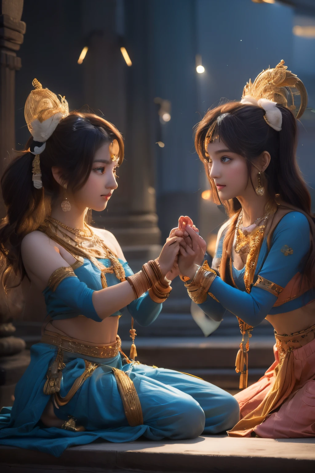 two girls anime who are a devotee of krishna,The proportions are the same for all races, All faces and pictures must be different, ulzzang -6500-v1.1, (Raw photo:1.2), (Photorealsitic), Beautiful detailed, (Real: 1.4), extremely detailed eye and face, beatiful detailed eyes,