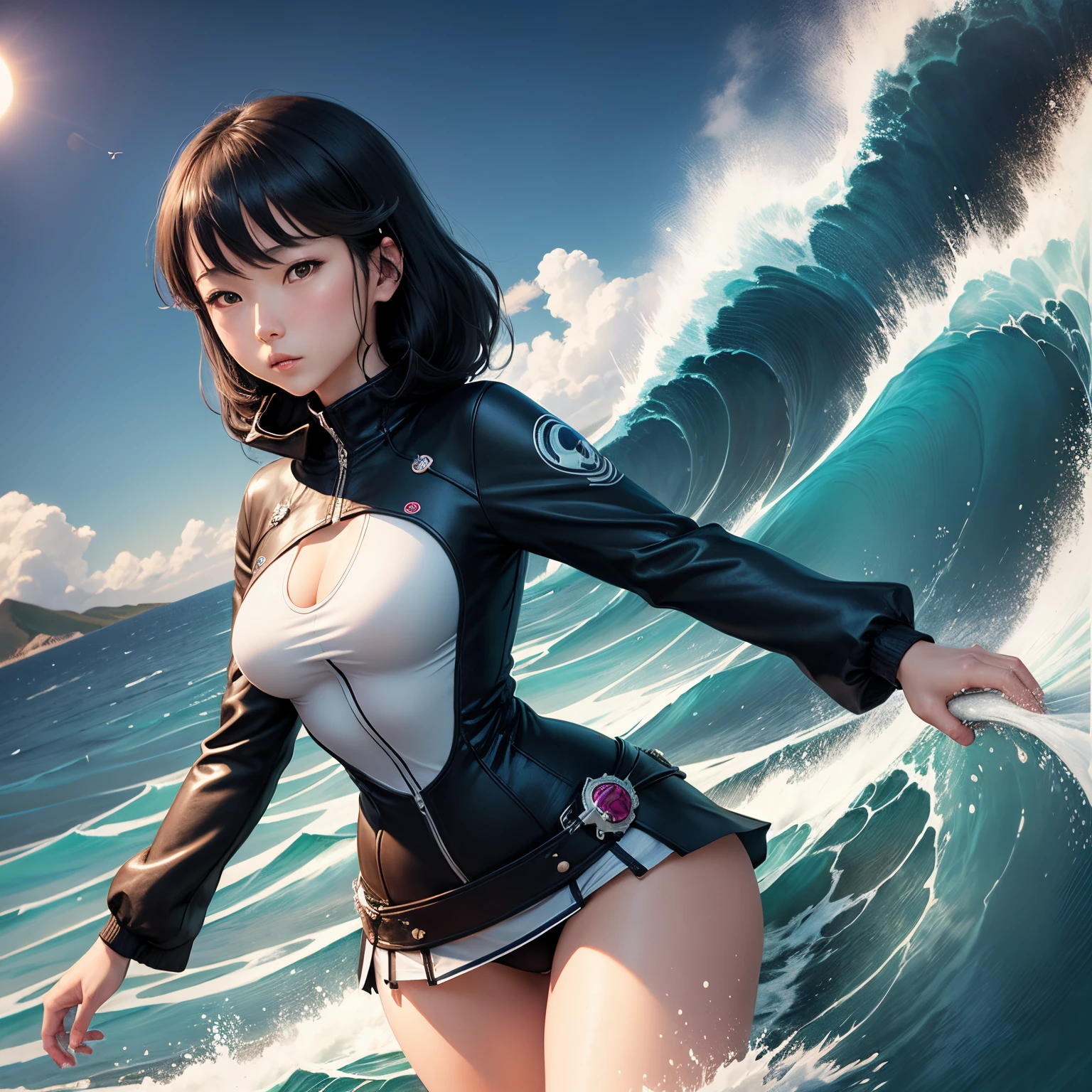 Pierre Roy, Katsura Hoshino, Surreal, mysterious, strange, fantastical, fantasy, Sci-fi fantasy, anime, The Great Wave off Kanagawa, miniskirt beautiful girl riding the waves, perfect voluminous body, detailed masterpiece