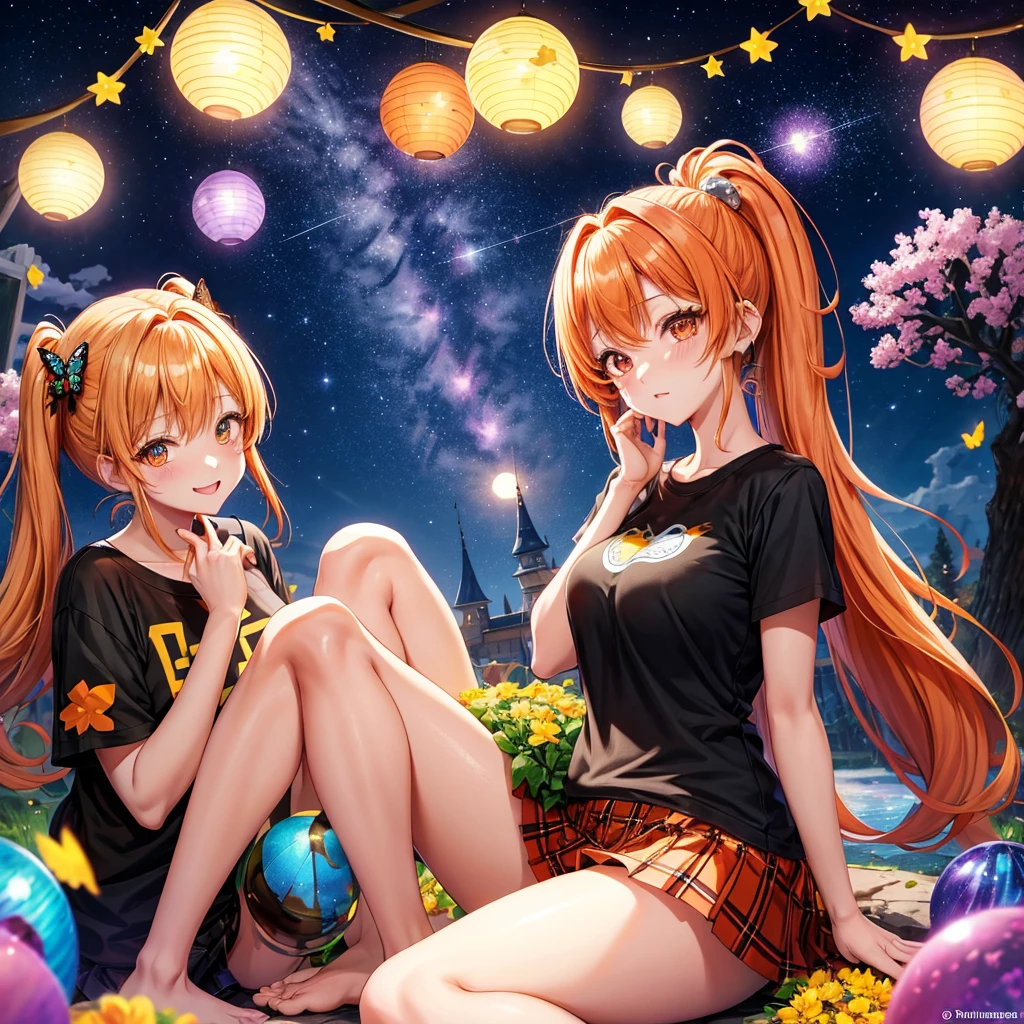 Orange hair、poneyTail、verd s eyes、one good looking girl、独奏、animesque、lightly dressed、Plaid miniskirt、a black T-shirt、fullmoon、Meteor swarm、large tree、Glittering starry sky、rainbow butterfly flying、Colorful marbles、sitting on、golden castle、flower petals