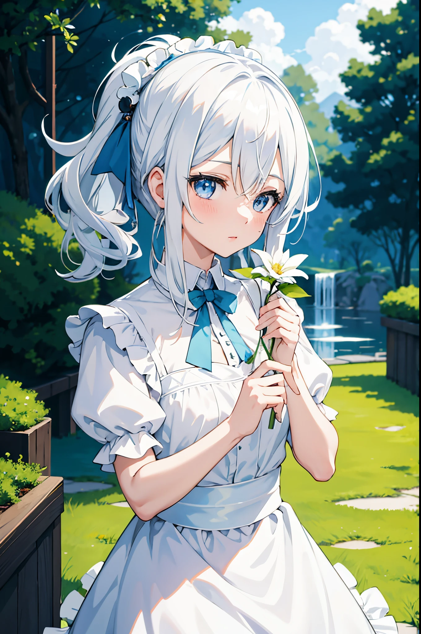 anime girl with white hair and blue eyes holding a flower, anime art wallpaper 8 k, anime art wallpaper 4 k, girl with white hair, anime art wallpaper 4k, an anime portrait of cirno, anime moe artstyle, beautiful anime portrait, white haired deity, anime style 4 k, a maid in a magical forest, splash art anime loli