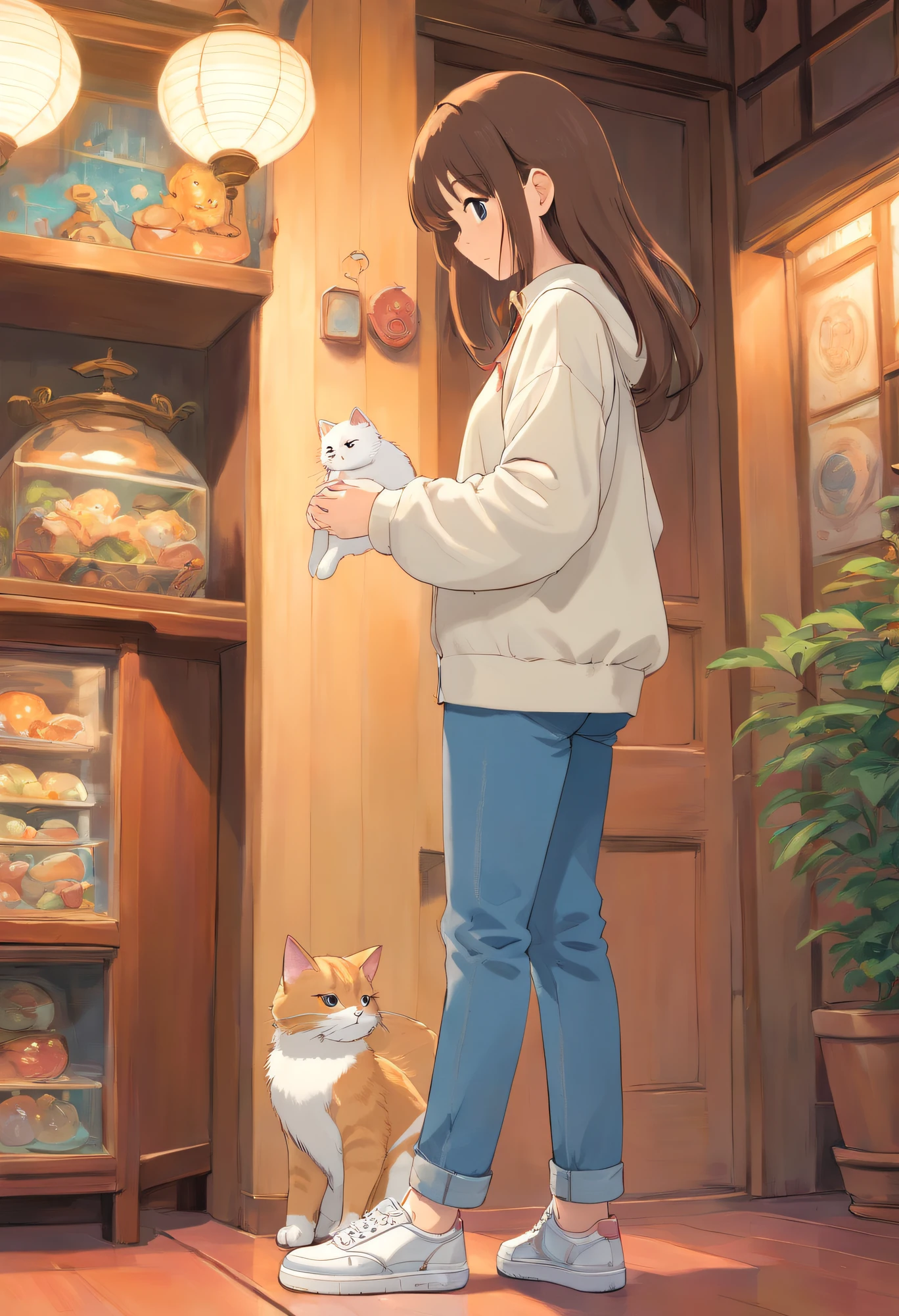 Girls with delicate facial features wear long-sleeved light-colored long-sleeved clothes, denim pant, and white sneakers. Side view of girl bending over to touch cat.
