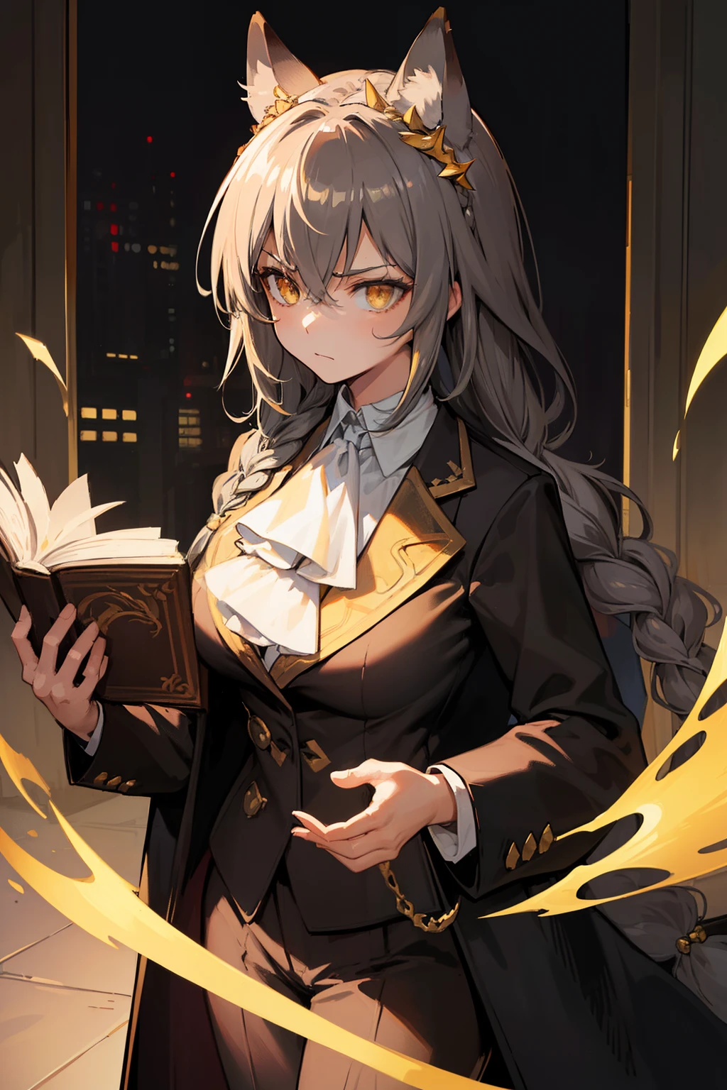 (best quality:1.3), (masterpiece:1.3), (illustration:1.3), (ultra-detailed:1.3), ((Best quality)), animal ears, wolf ears, extra ears, long hair, dark gray hair, wolf girl, yellow eyes, ascot, white ascot, hair between eyes, closed mouth, jewelry, bangs, large breasts, indoors, standing, ((serious expression, slanted eyes, hair ornaments, golden diadem on head,)) long pants, black suit, coat, mature, holding a book, tall, braid, french braid, elegant,