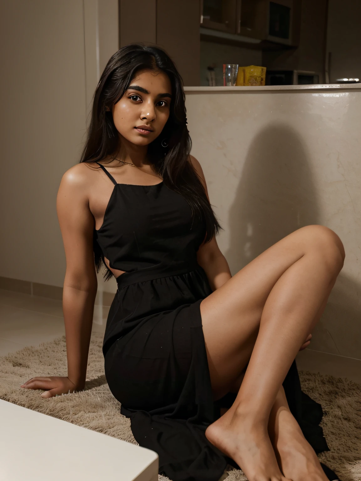 An Indian dusky girl, age of 24, photo for onlyfans, wearing a long black dress, looking , not looking into the camera, full shot, Meera Nayak, picture for onlyfans, picture, sitting on chair, extra brown, brown girl, dusky girl
