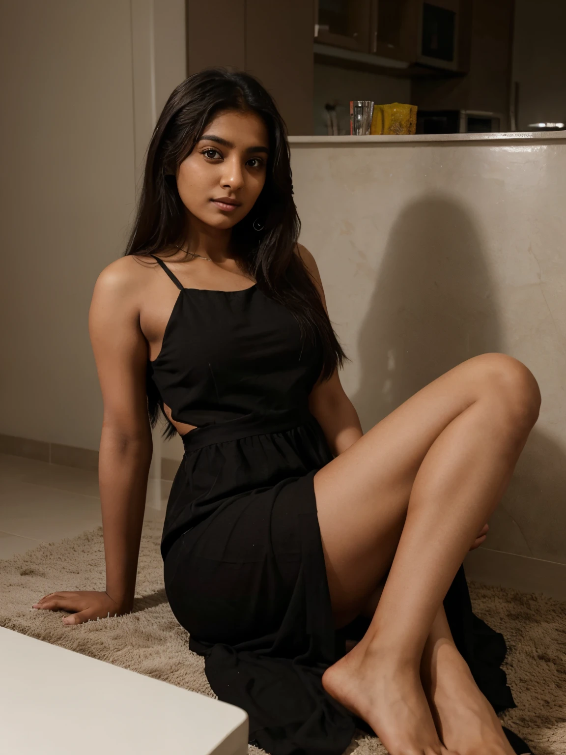 An Indian dusky girl, age of 24, photo for onlyfans, wearing a long black dress, looking , not looking into the camera, full shot, Meera Nayak, picture for onlyfans, picture, sitting on chair, extra brown, brown girl, dusky girl