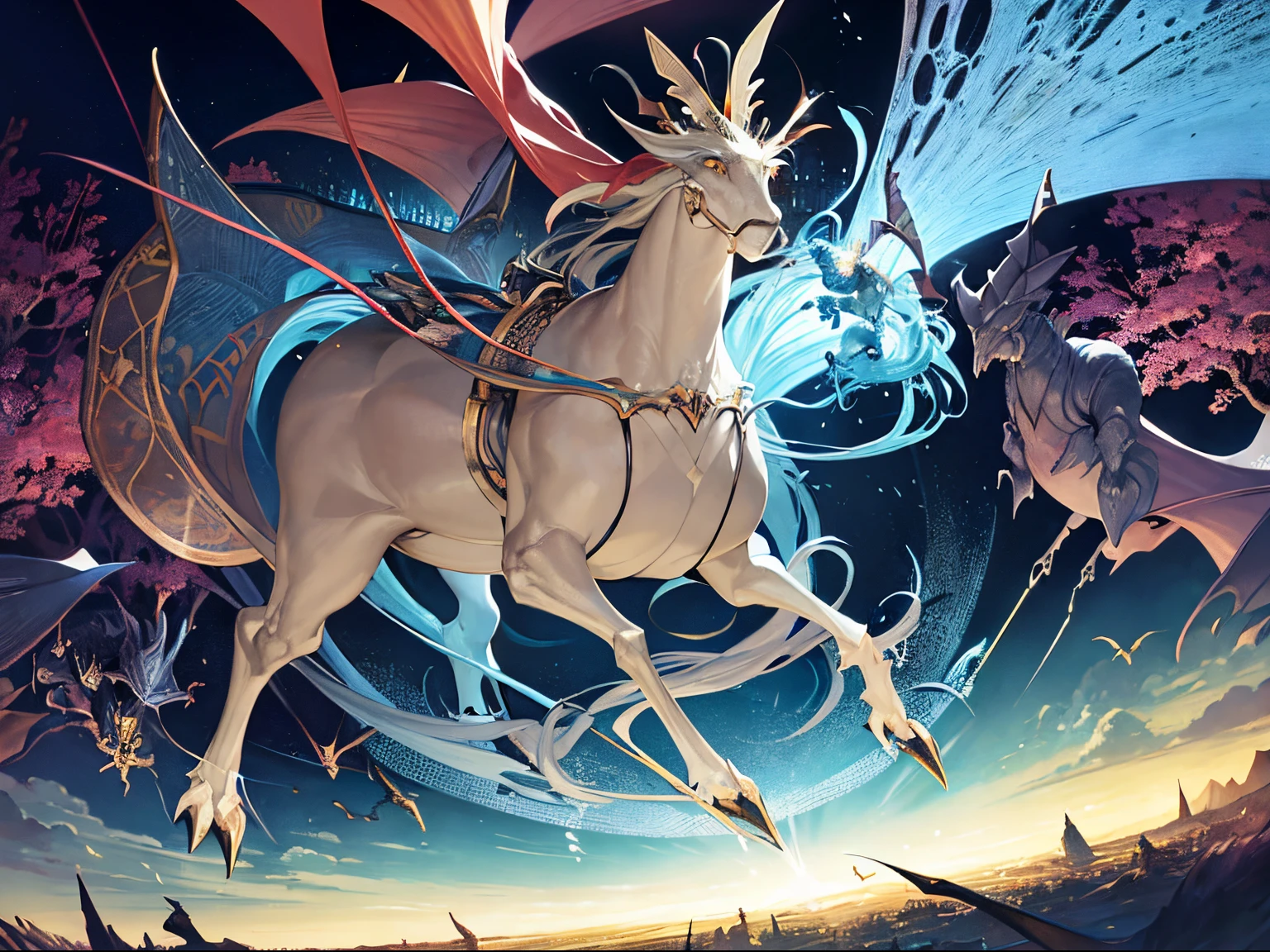 Leonora Carrington, Masakazu Katsura, Surreal, mysterious, strange, fantastical, fantasy, Sci-fi, Japanese anime, beautiful girl steel knight and dragon, perfect voluminous body, detailed masterpiece cinematic lighting bird’s eye views perspectives angles dynamic action