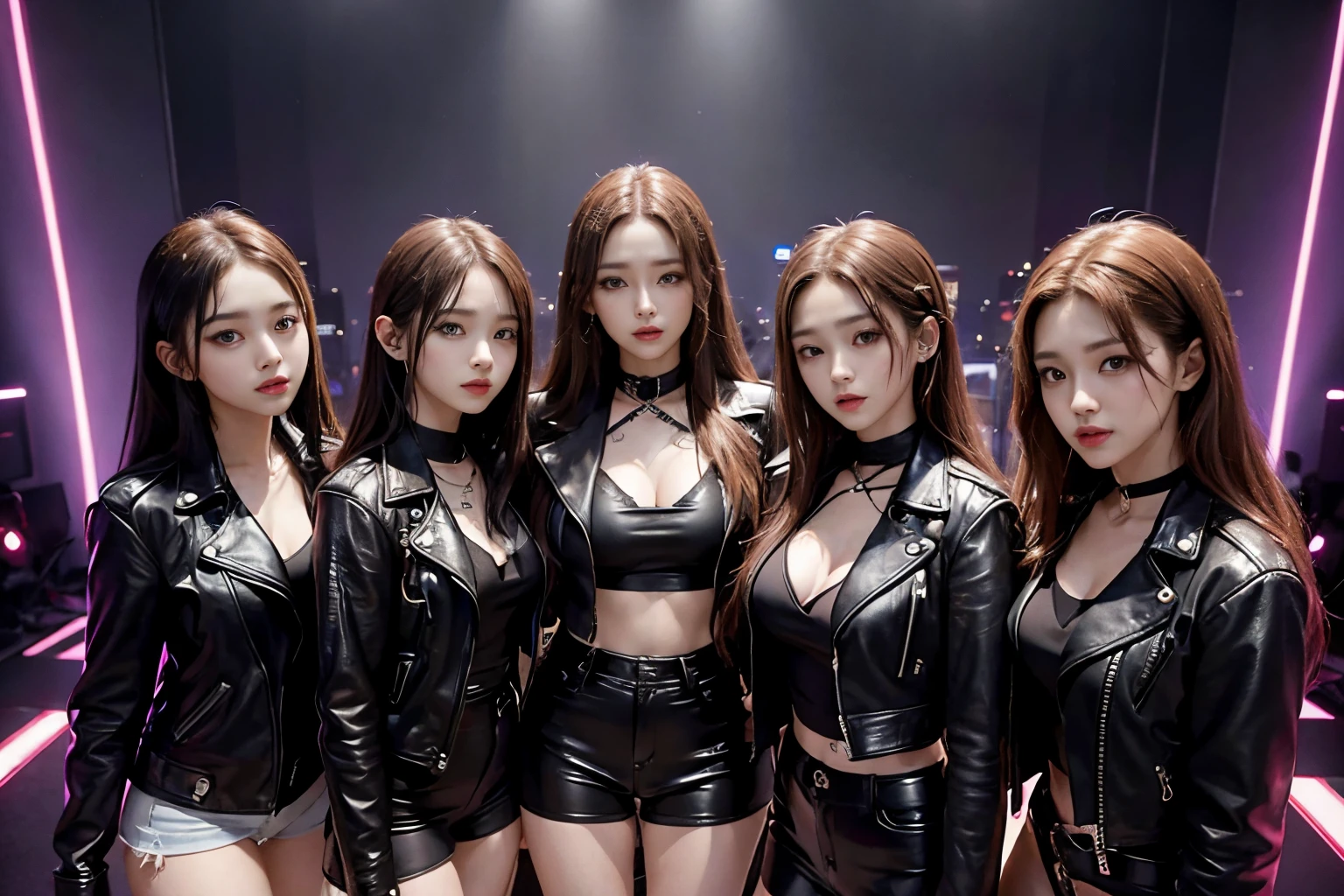 5 member girl band、metal bands、Upper body view、超A high resolution、An ultra-high picture quality、8K、Wonderful expression with attention to detail、All have long brown curly hair、Black leather jacket、Performance scene at a live house