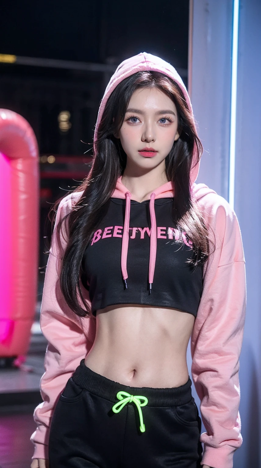 girl,(1 Sister),((beuaty girl)), (Lower bust:1.4),Large breasts droop、Thinning hair,black messy hair,Colored inner hair,Long gray hair:1.5,Long unkempt hair:1.35,cabelos preto e longos,Complex hairstyles)),(((neon_Pink_with eyes:1.3))),complex eyes,beatiful and detailed'The eye,symetric eye)),(spider lower abdomen,Willow waist,Wide hips,athletic body build,inflatable legs,Detailed body), Cute big breasts,'s,((((cropped hoodie,)))), (dynamicposes:1.0),Just focus,Embarrassing,(Located in the center,Scale to fit the dimensions,the rule of thirds), Waterfront cyberpunk city by night, scenecy:1.25,during night, star night, kosmos,Pitch black night,Neon lights are particularly eye-catching, very bright neon light,during night, star night, kosmos, artsy photography,(Photos taken by sldr),A high resolution, Focus sharp,(ultra - detailed, Very meticulous), (realistic artwork:1.37),(extremely detaild's CG unified 8k wallpapers),((Synthetic wave background theme)),(((Vibrant colors))),iintricate,(intricate background),(tmasterpiece),(Best quality at best),s the perfect face,Perfect facial detail,Realistic face,Realphotos,analogue style,((Complicated details)),(((actual))),