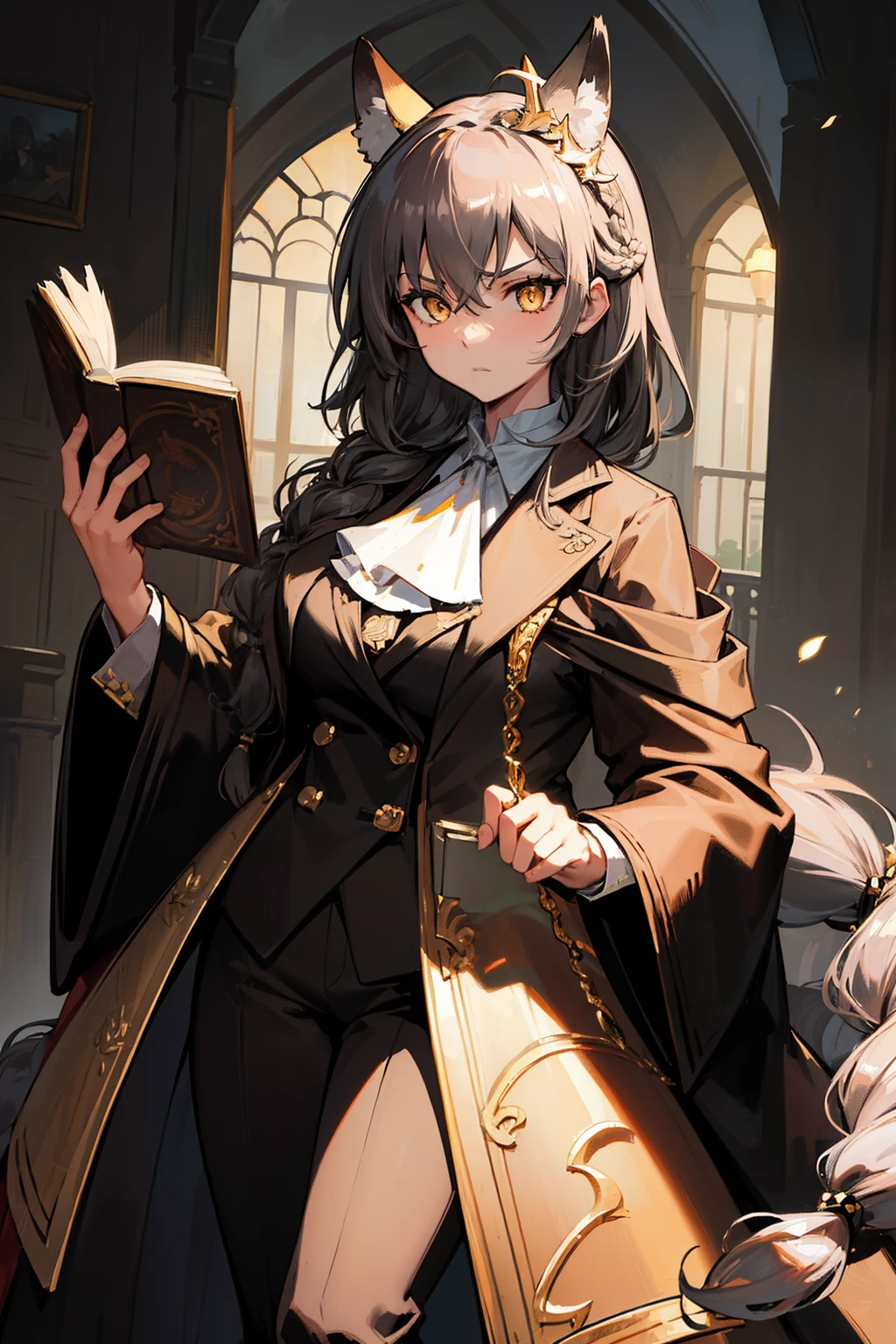 (best quality:1.3), (masterpiece:1.3), (illustration:1.3), (ultra-detailed:1.3), ((Best quality)), animal ears, wolf ears, extra ears, long hair, dark gray hair, wolf girl, yellow eyes, ascot, white ascot, hair between eyes, closed mouth, jewelry, bangs, large breasts, indoors, standing, ((serious expression, slanted eyes, hair ornaments, golden diadem on head,)) long pants, black suit, coat, mature, holding a book, tall, braid, french braid, elegant,