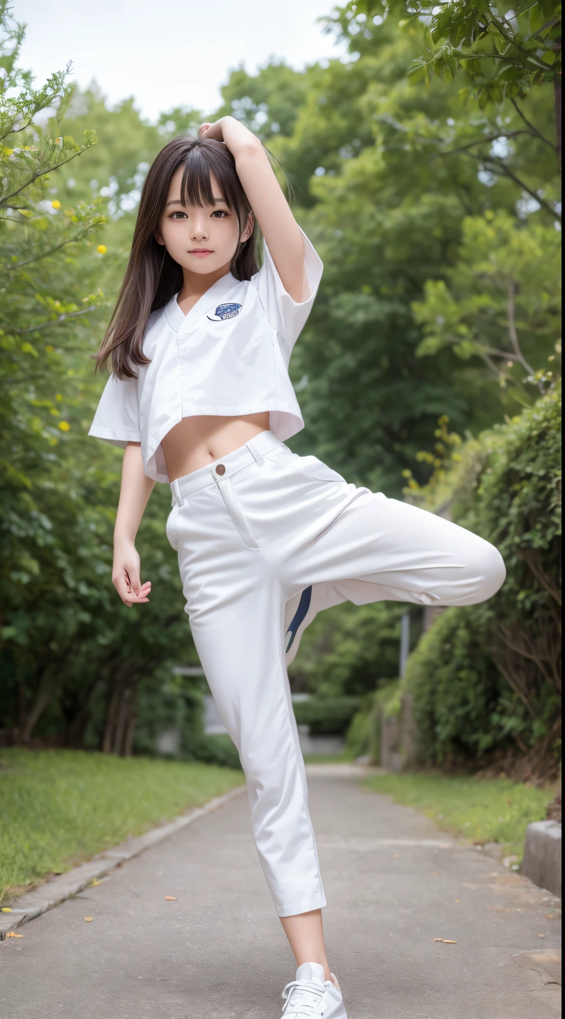 (Photorealsitic)(ers old), Pretty Woman, (Full body 8K portrait), 1 girl in, White Karate Uniform, White karate pants, Stand alone, Large and dynamic hand and foot movements, Stick out your fist, Make a high side kick, Correct skeleton, Perfect facial detail, (Smile: 1.15), attractive beautiful face, gazing at viewer, a small face, 二重まぶた, Beautiful detailed eyes, long eyeslashes, ligh brown hair, bobhair,Hairstyles in styles, Toned waist, Beautiful thin legs, toned ankles, bare-legged ,TOKYOcty, Green in the background, no nsfw