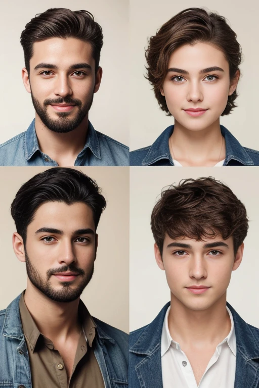 (masterpiece), realistic, (20 years old handsome boy), beautiful face with beard, wearing a  beige shirt and denim skirt, studio lighting, cinematic light, handsome guy, beautiful black eyes, milk beige middle hair, perfect anatomy, very cute smile, prince eyelack eyes), (head frame), center image, style, bioluminescent, 8 life size, 8k Resolution, human hands, curiously complete, elegant, close to perfection, dynamic, highly detailed, character sheet, concept art, smooth, positioned so that their bodies are symmetrical and balanced directly towards the viewer, detailed hairstyles,