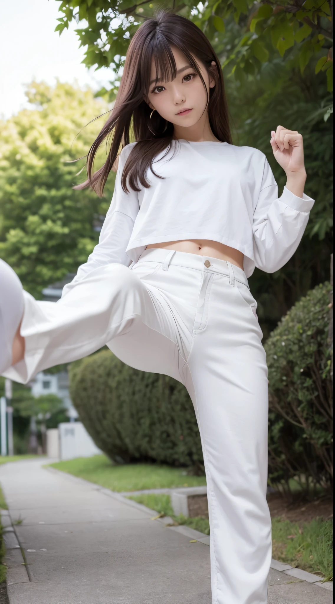 (Photorealsitic)(10yaers old), Pretty Woman, (Full body 8K portrait), 1 girl in, White Karate Uniform, White karate pants, Stand alone, Large and dynamic hand and foot movements, Stick out your fist, Make a high side kick, Correct skeleton, Perfect facial detail, (Smile: 1.15), attractive beautiful face, gazing at viewer, a small face, 二重まぶた, Beautiful detailed eyes, long eyeslashes, ligh brown hair, bobhair,Hairstyles in styles, Toned waist, Beautiful thin legs, toned ankles, bare-legged ,TOKYOcty, Green in the background, no nsfw