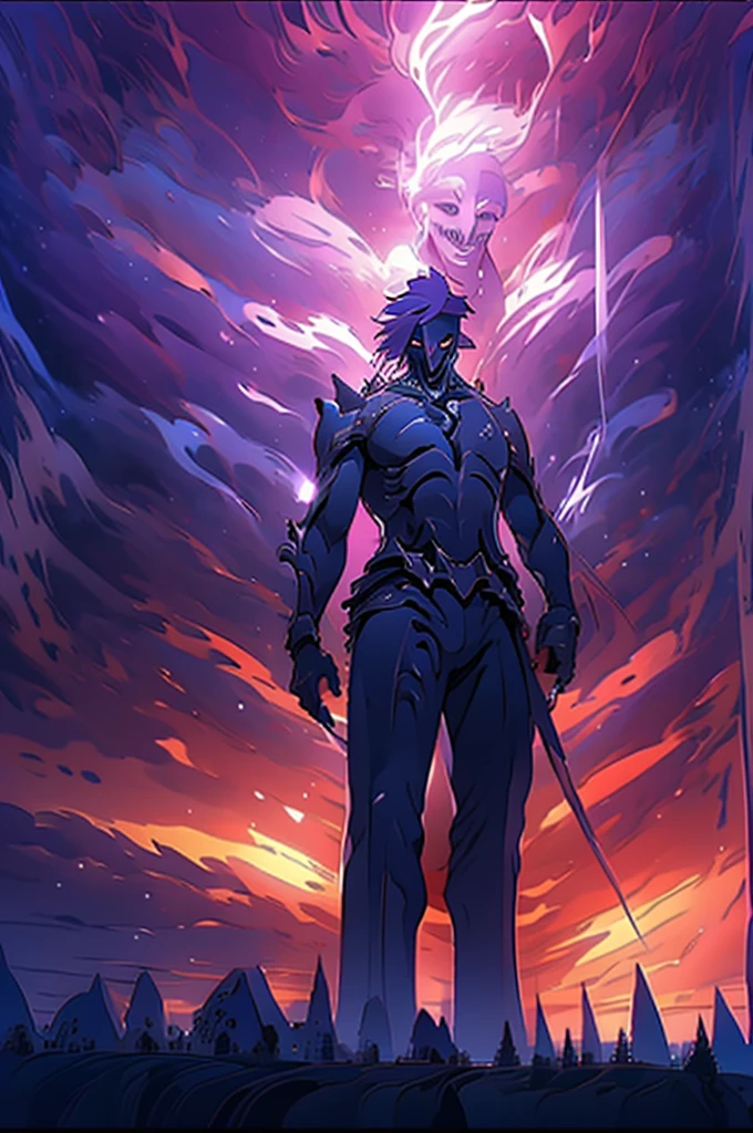 ((a lich from an old warrior)), (wearing the attire of a death knight), color black and red and purple, nether energy swirling around him, ((the backrground is an old graves)),( he is fighting demon), wild a giant whip