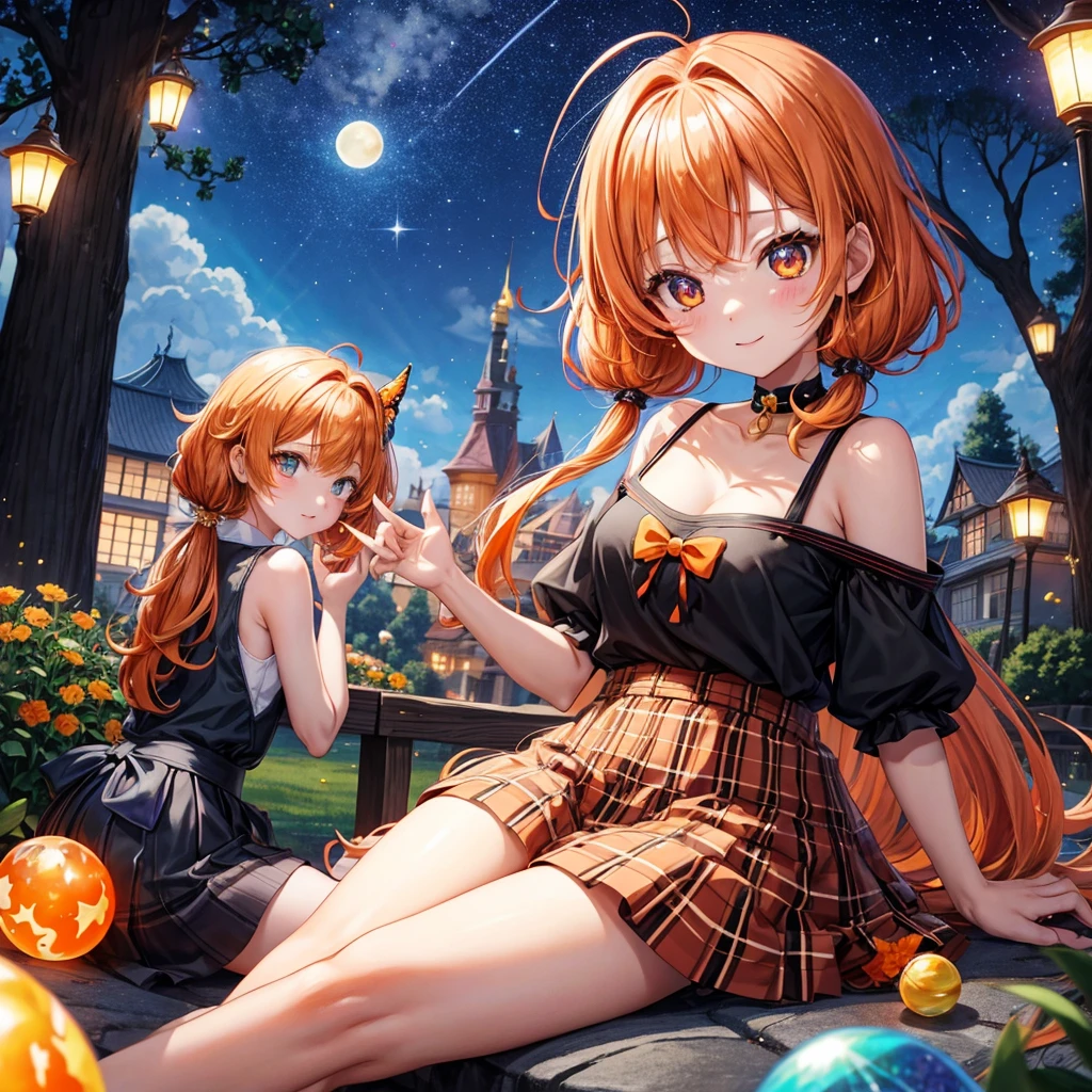 Orange hair、poneyTail、verd s eyes、one good looking girl、独奏、animesque、lightly dressed、Plaid miniskirt、a black T-shirt、fullmoon、Meteor swarm、large tree、Glittering starry sky、rainbow butterfly flying、Colorful marbles、sitting on、golden castle、flower petals、thread