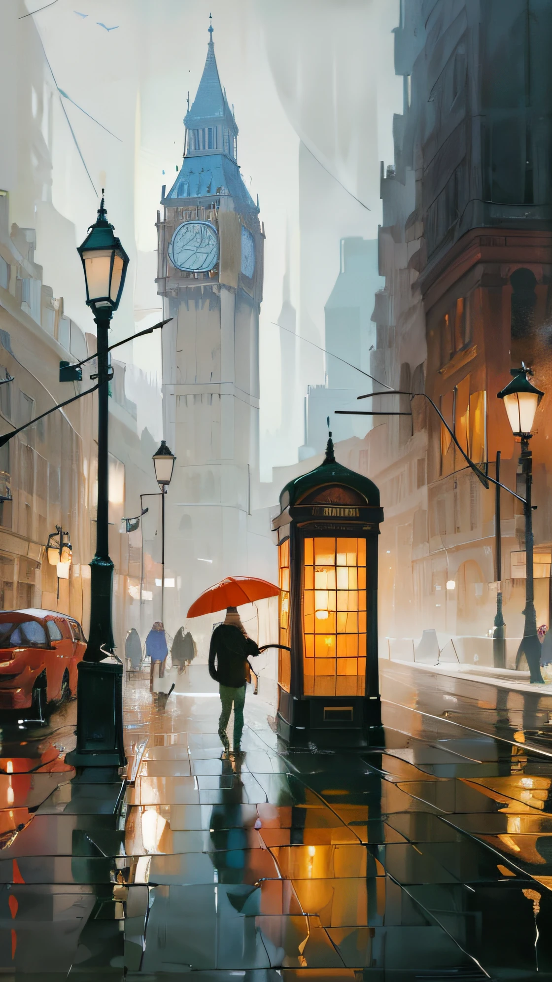 Illustration of a man walking down the street holding an umbrella, On the wet streets of London, stunning art, Amazing painting, Brilliant art, beautiful artwork, Beautiful art, Wonderful work, tall and beautiful figure, stunning art, in the city, Wandering in the city, Wonderful painting, Afremov, stunning art, Complex, wet oil paint, london, dmitry spiros