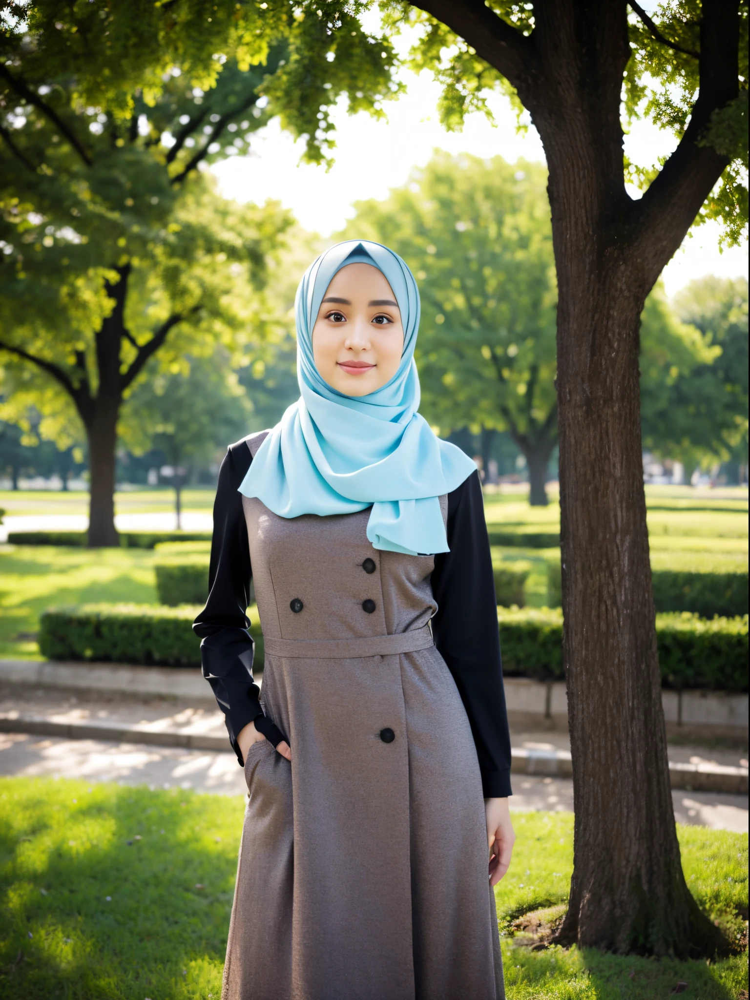 hijab, dress, city park, half body photo
