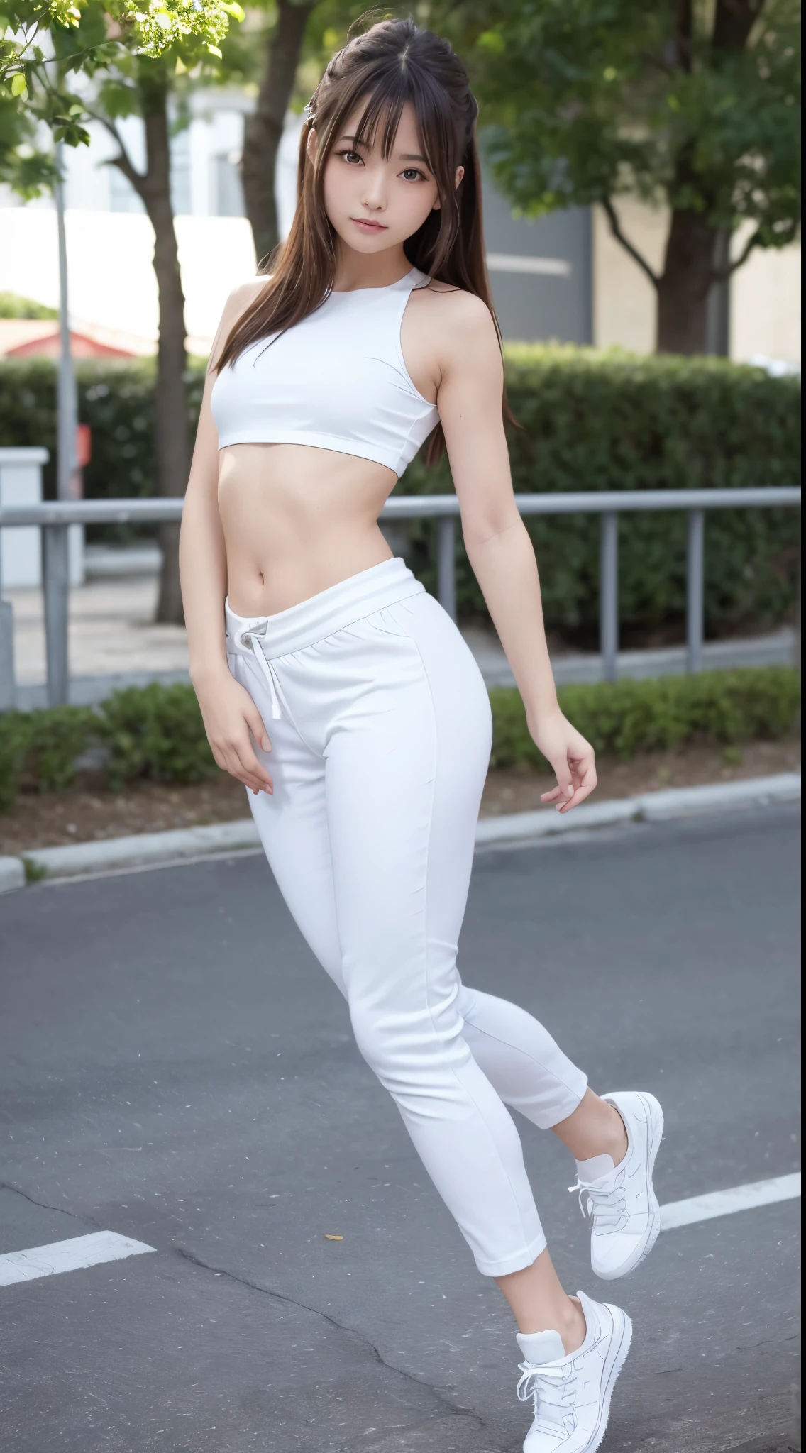 (Photorealsitic)(10yaers old), Pretty Woman, (Full body 8K portrait), 1 girl in, White Karate Uniform, White karate pants, Stand alone, Large and dynamic hand and foot movements, Stick out your fist, Make a high side kick, Correct skeleton, Perfect facial detail, (Smile: 1.15), attractive beautiful face, gazing at viewer, a small face, 二重まぶた, Beautiful detailed eyes, long eyeslashes, ligh brown hair, bobhair,Hairstyles in styles, Toned waist, Beautiful thin legs, toned ankles, bare-legged ,TOKYOcty, Green in the background, no nsfw