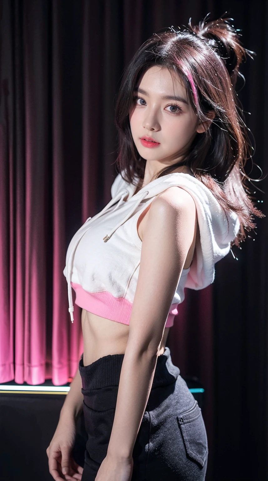 girl,(1 Sister),((beuaty girl)), (Lower bust:1.4),Large breasts droop、Thinning hair,black messy hair,Colored inner hair,Long gray hair:1.5,Long unkempt hair:1.35,cabelos preto e longos,Complex hairstyles)),(((neon_Pink_There are eyes:1.3))),complex eyes,beatiful and detailed'eyed,symetric eye)),(spider lower abdomen,Willow waist,Wide hips,athletic body build,inflatable legs,Detailed body), Cute big breasts,'s,((((cropped hoodie,)))), (dynamicposes:1.0),Just focus,embarressed,(Located in the center,Scale to fit the dimensions,the rule of thirds), Waterfront cyberpunk city by night, scenecy:1.25,during night, star night, kosmos,Pitch black night,Neon lights are particularly eye-catching, very bright neon light,during night, star night, kosmos, artsy photography,(Photos taken by sldr),A high resolution, Focus sharp,(ultra - detailed, Very meticulous), (realistic artwork:1.37),(extremely detaild's CG unified 8k wallpapers),((Synthetic wave background theme)),(((vivd colour))),iintricate,(intricate background),(tmasterpiece),(Best quality),is a perfect face,Perfect facial detail,Realistic face,Live photos,analogue style,((Complicated details)),(((actual))),