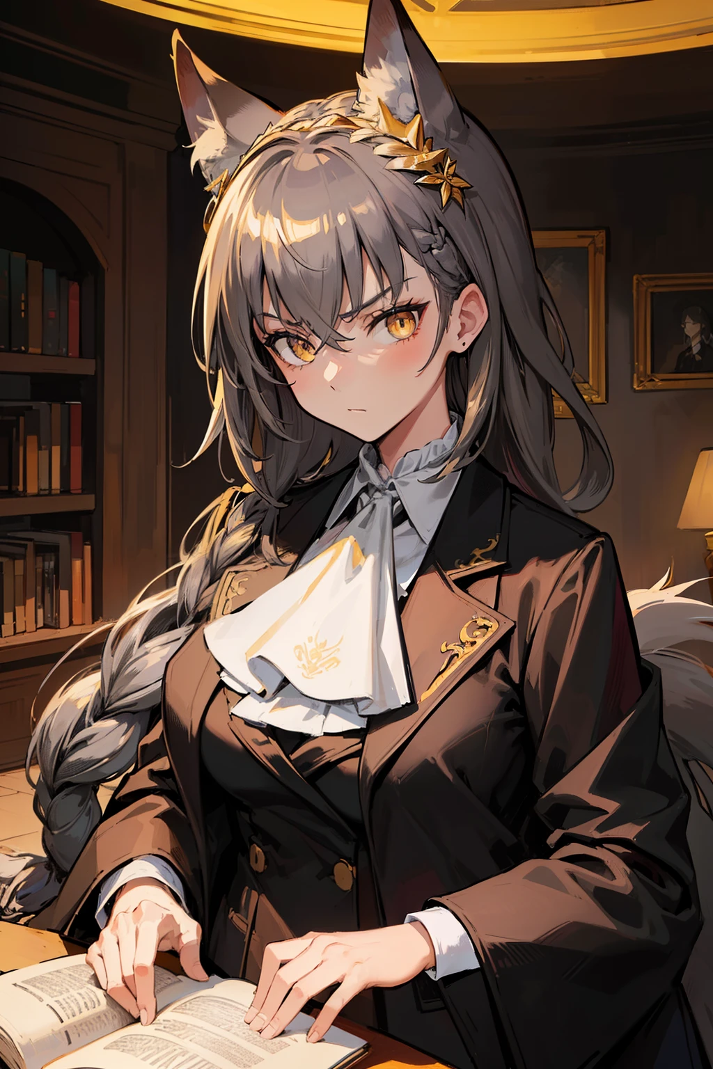 (best quality:1.3), (masterpiece:1.3), (illustration:1.3), (ultra-detailed:1.3), ((Best quality)), animal ears, wolf ears, extra ears, long hair, dark gray hair, wolf girl, yellow eyes, ascot, white ascot, hair between eyes, closed mouth, jewelry, bangs, large breasts, indoors, standing, ((serious expression, slanted eyes, hair ornaments, golden diadem on head,)) long pants, black suit, coat, mature, holding a book, tall, braid, french braid, elegant,