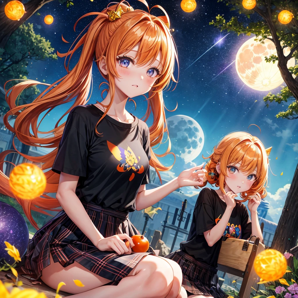 Orange hair、poneyTail、verd s eyes、one good looking girl、独奏、animesque、lightly dressed、Plaid miniskirt、a black T-shirt、fullmoon、Meteor swarm、large tree、Glittering starry sky、rainbow butterfly flying、Colorful marbles、sitting on、golden castle、flower petals、thread