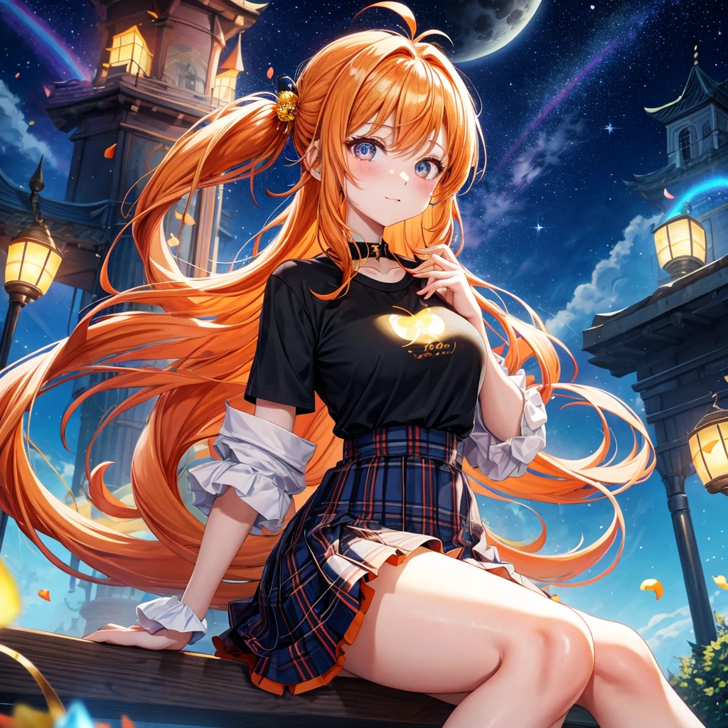 Orange hair、poneyTail、verd s eyes、one good looking girl、独奏、animesque、lightly dressed、Plaid miniskirt、a black T-shirt、fullmoon、Meteor swarm、large tree、Glittering starry sky、rainbow butterfly flying、Colorful marbles、sitting on、golden castle、flower petals、thread