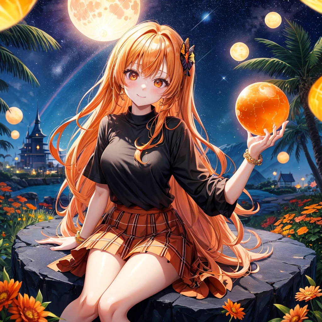 Orange hair、poneyTail、verd s eyes、one good looking girl、独奏、animesque、lightly dressed、Plaid miniskirt、a black T-shirt、fullmoon、Meteor swarm、large tree、Glittering starry sky、rainbow butterfly flying、Colorful marbles、sitting on、golden castle、flower petals、thread