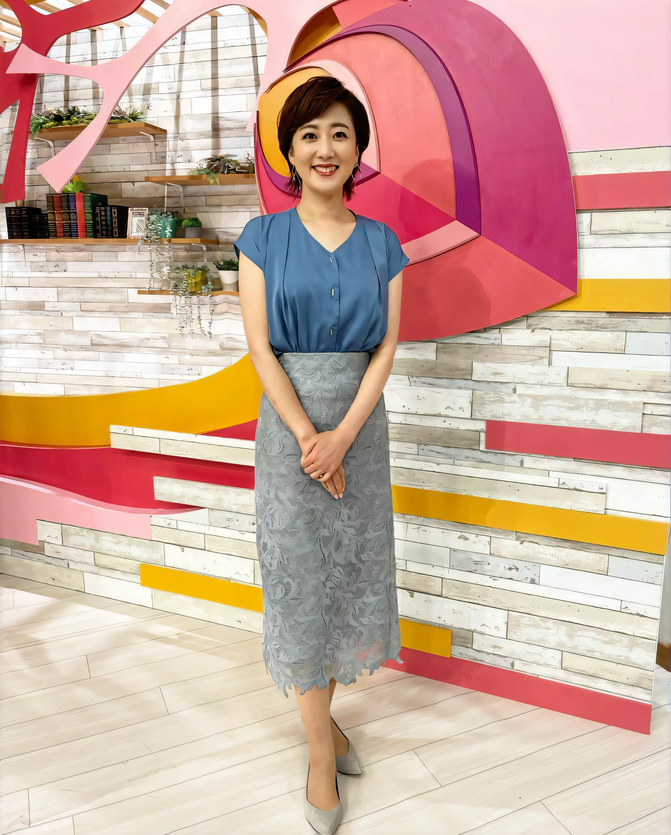 White Studio, Full body shot,Photograph your feet,Stand up straight,highest quality, figure, Super detailed, finely, High resolution,, Detailed and beautiful eyes, Center of chest, Natural color lip,smile,40 year old girl,Short Hair、full body+SHOES,white background