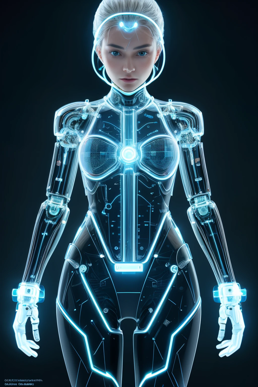 Full figure shot, robotic Female with transparent skin, glowing inside, SONY ALPHA A7R II