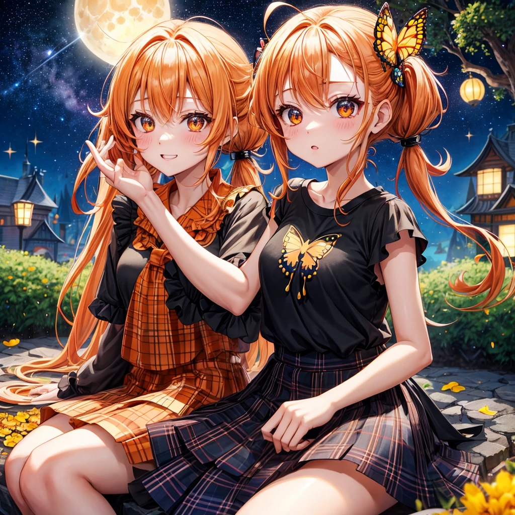 Orange hair、poneyTail、verd s eyes、one good looking girl、独奏、animesque、lightly dressed、Plaid miniskirt、a black T-shirt、fullmoon、Meteor swarm、large tree、Glittering starry sky、rainbow butterfly flying、Colorful marbles、sitting on、golden castle、flower petals、thread、Skysky