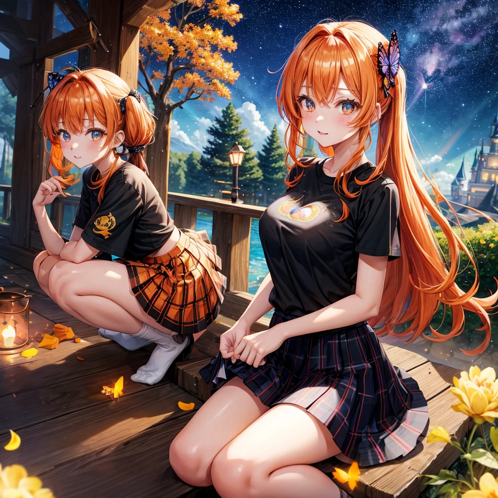 Orange hair、poneyTail、verd s eyes、one good looking girl、独奏、animesque、lightly dressed、Plaid miniskirt、a black T-shirt、fullmoon、Meteor swarm、large tree、Glittering starry sky、rainbow butterfly flying、Colorful marbles、sitting on、golden castle、flower petals、thread、Skysky