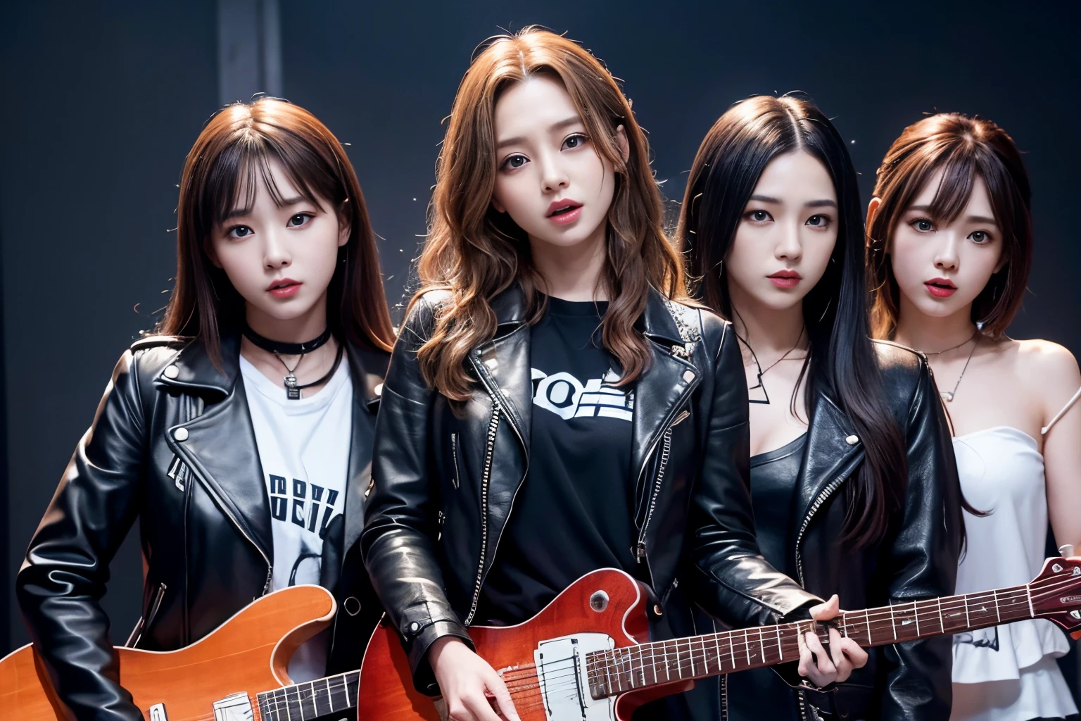 5 member girl band、metal bands、超A high resolution、An ultra-high picture quality、8K、Wonderful expression with attention to detail、All have long brown curly hair、Black leather jacket、Performance scene at a live house