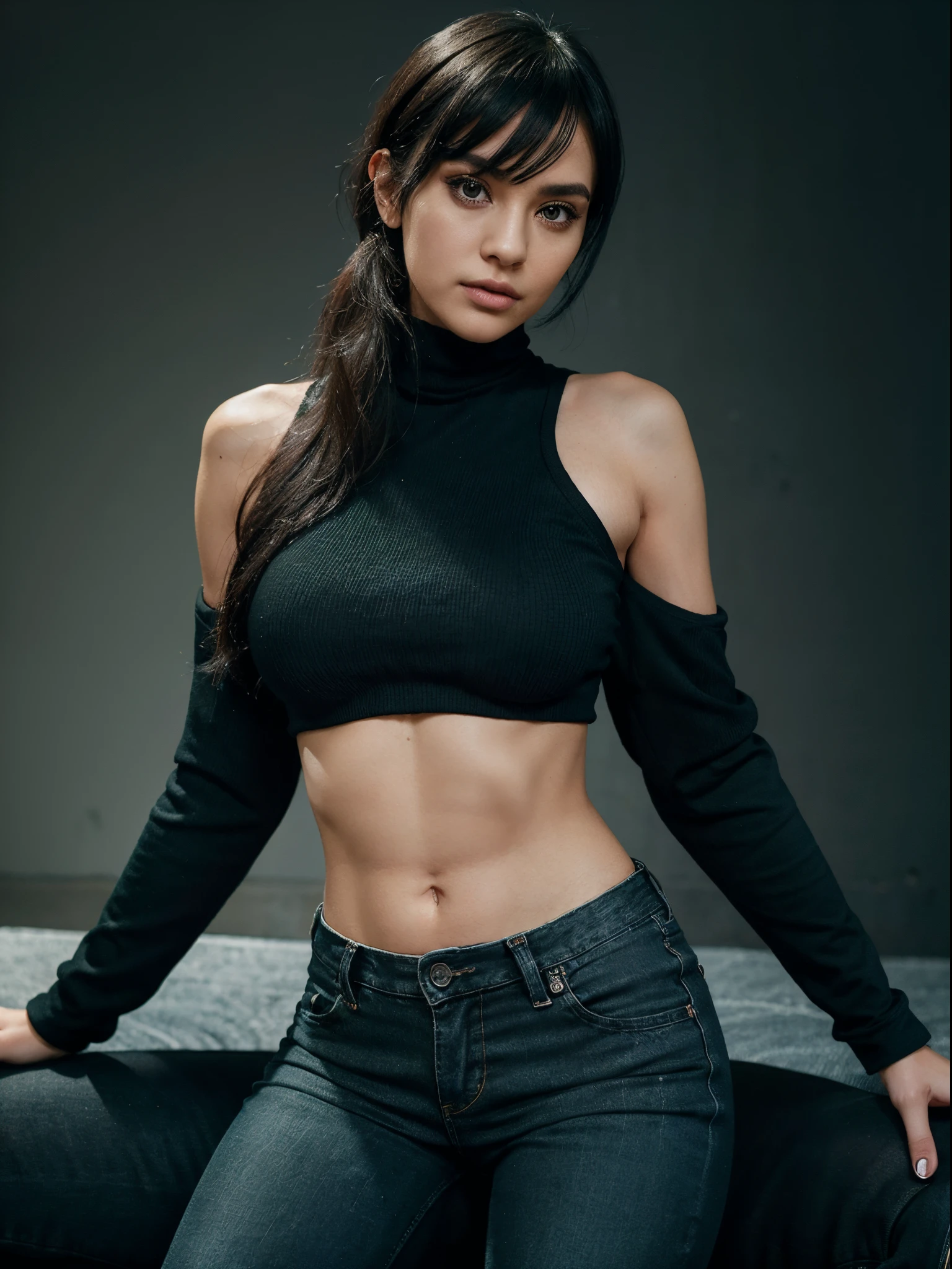 woman with black side-swept hair, fringe, green round eyes, black turtleneck cropped top, denim jacket, black pants, abs, elegant posing, studio portrait, pretty expression, bossy aura, rule of third, fashion photoshoot, Instagram model, prettiest girl