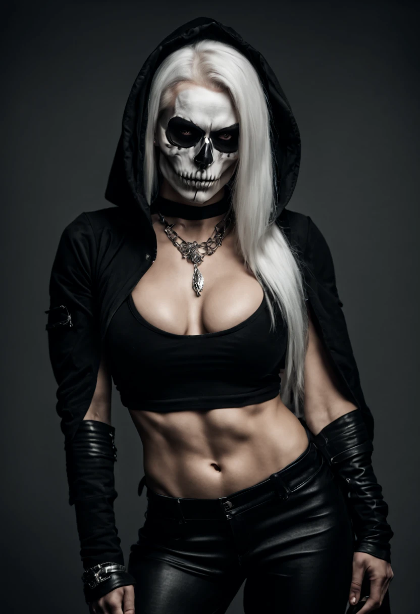 Beautiful Slavic woman brutal de Ville with half skull. muscular. black clothing. white colored hair. Death Style. in the studio. studio light. athletic. Full-length. model pose, BLACK HOOD