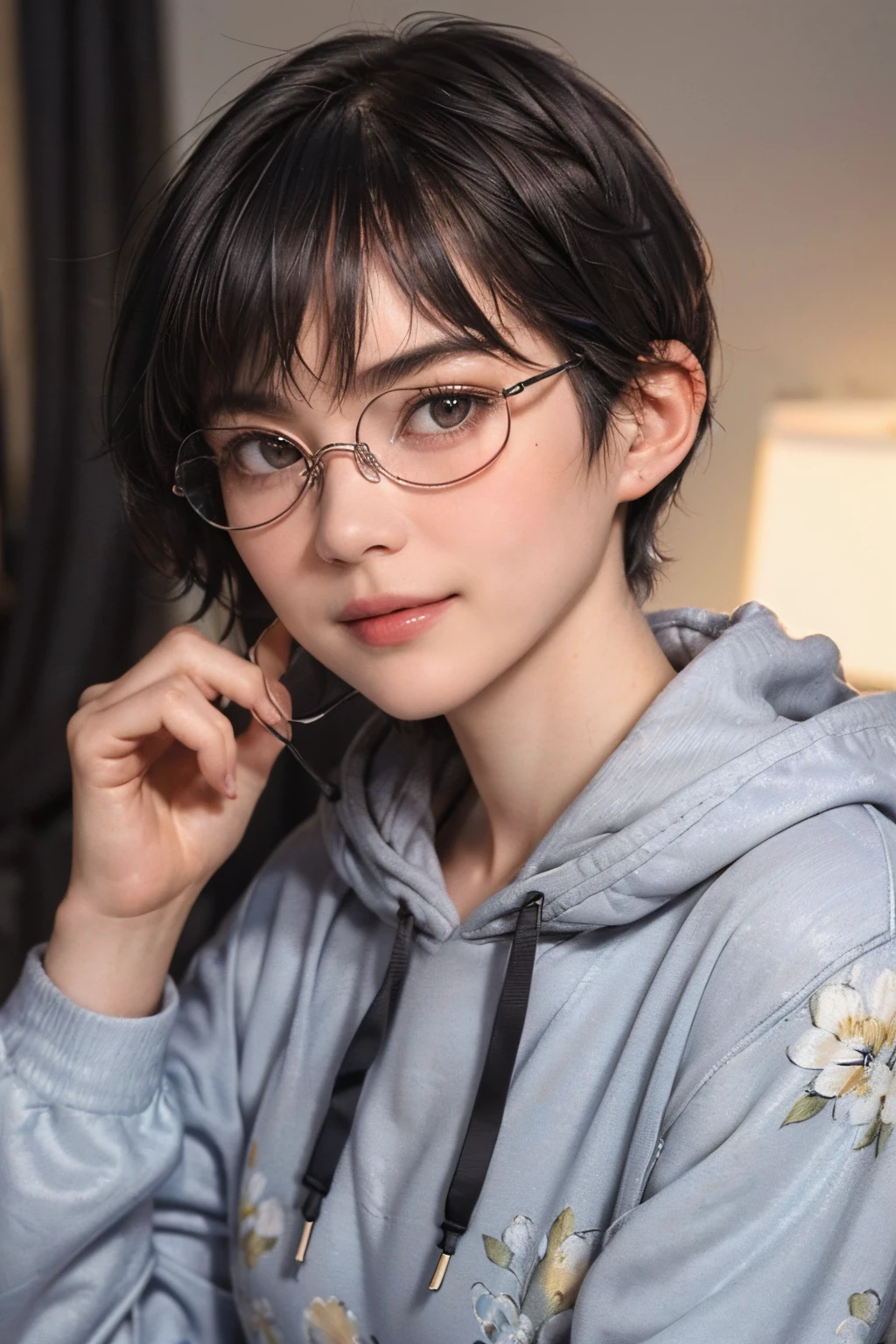 134
(a 20 yo woman,Wearing sportswear), (A hyper-realistic), (high-level image quality), ((beautiful hairstyle 46)), ((short-hair:1.46)), (Gentle smile), (brest:1.46), (lipsticks), (Wearing glasses:1.46), (darkened room), (florals), (wearing hoodies)