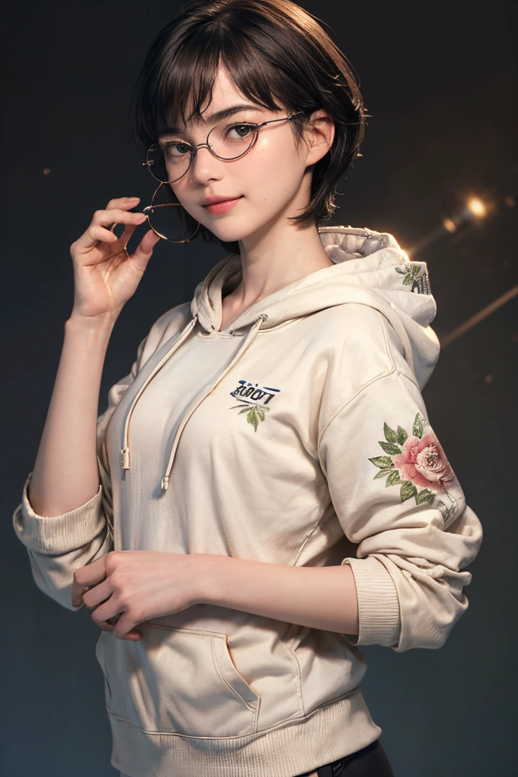 134
(a 20 yo woman,Wearing sportswear), (A hyper-realistic), (high-level image quality), ((beautiful hairstyle 46)), ((short-hair:1.46)), (Gentle smile), (brest:1.46), (lipsticks), (Wearing glasses:1.46), (darkened room), (florals), (wearing hoodies)