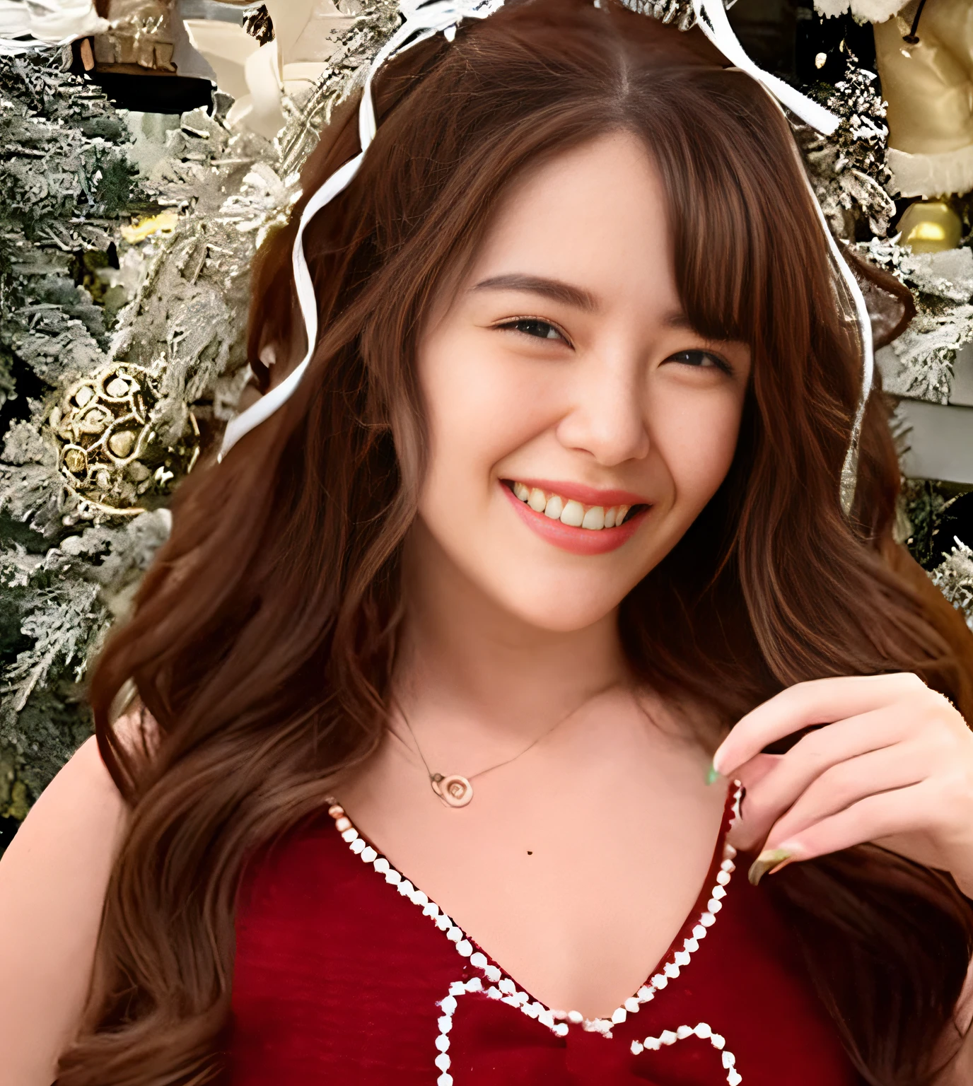 there is a woman wearing a red dress and a white headband, dilraba dilmurat, fanart, sakimichan, inspired by Kim Dyang, krystal, inspired by Kim Jeong-hui, inspired by Sim Sa-jeong, inspired by Yang Borun, ruan cute vtuber, sakimi chan, 💋 💄 👠 👗