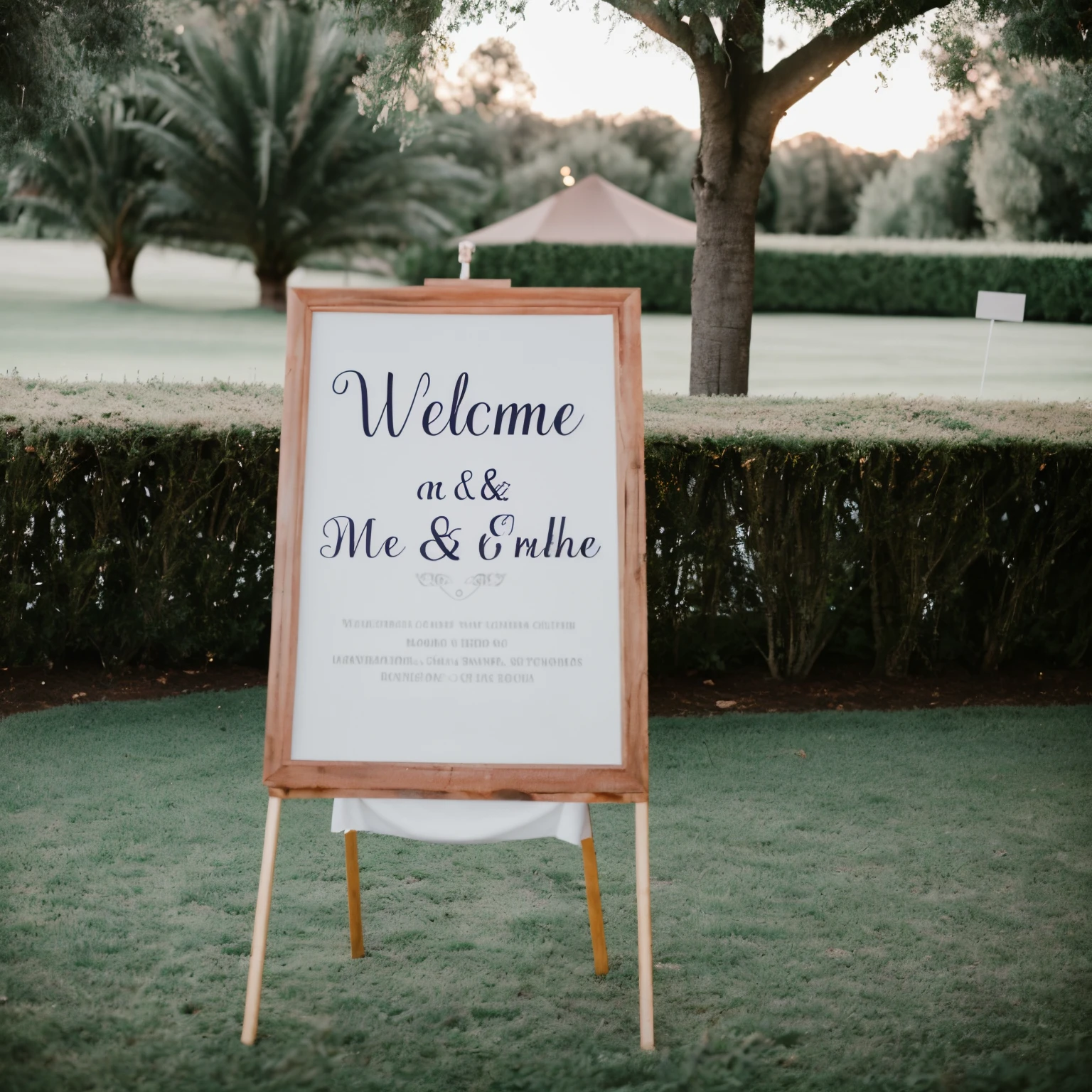 There is a wedding welcome sign on a longitudinal rectangular sign. It stands on a modern easel with 3 legs. The sign welcomes the wedding guests on a long green path in a green area. Elements of the wedding around are reflected on the camera. It's an extremely realistic scene and 8k hyperrealistic. Only one wedding sign is visible on stage. Have wedding tables and decorations behind the welcome sign, but keep the camera focus on the sign.