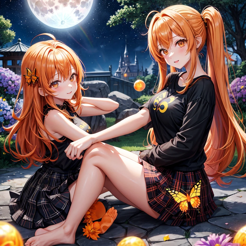 Orange hair、poneyTail、verd s eyes、one good looking girl、独奏、animesque、lightly dressed、Plaid miniskirt、a black T-shirt、fullmoon、Meteor swarm、large tree、Glittering starry sky、rainbow butterfly flying、Colorful marbles、sitting on、golden castle、flower petals、thread、Skysky