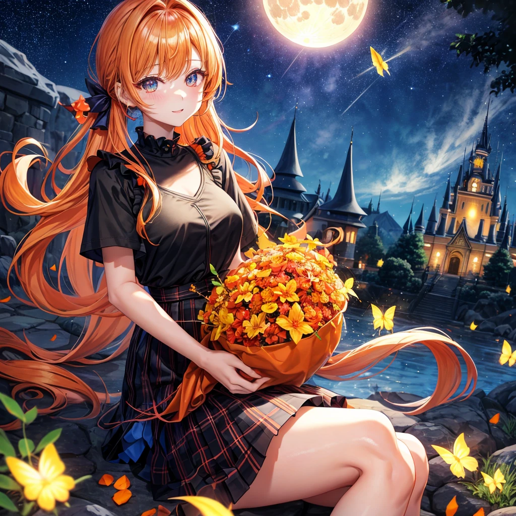 Orange hair、poneyTail、verd s eyes、one good looking girl、独奏、animesque、lightly dressed、Plaid miniskirt、a black T-shirt、fullmoon、Meteor swarm、large tree、Glittering starry sky、rainbow butterfly flying、Colorful marbles、sitting on、golden castle、flower petals、thread、Skysky