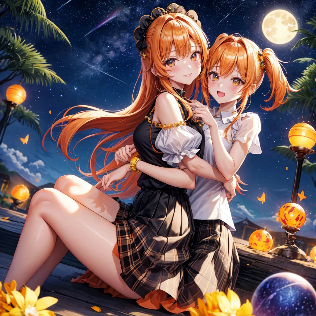 Orange hair、poneyTail、verd s eyes、one good looking girl、独奏、animesque、lightly dressed、Plaid miniskirt、a black T-shirt、fullmoon、Meteor swarm、large tree、Glittering starry sky、rainbow butterfly flying、Colorful marbles、sitting on、golden castle、flower petals、thread、Skysky