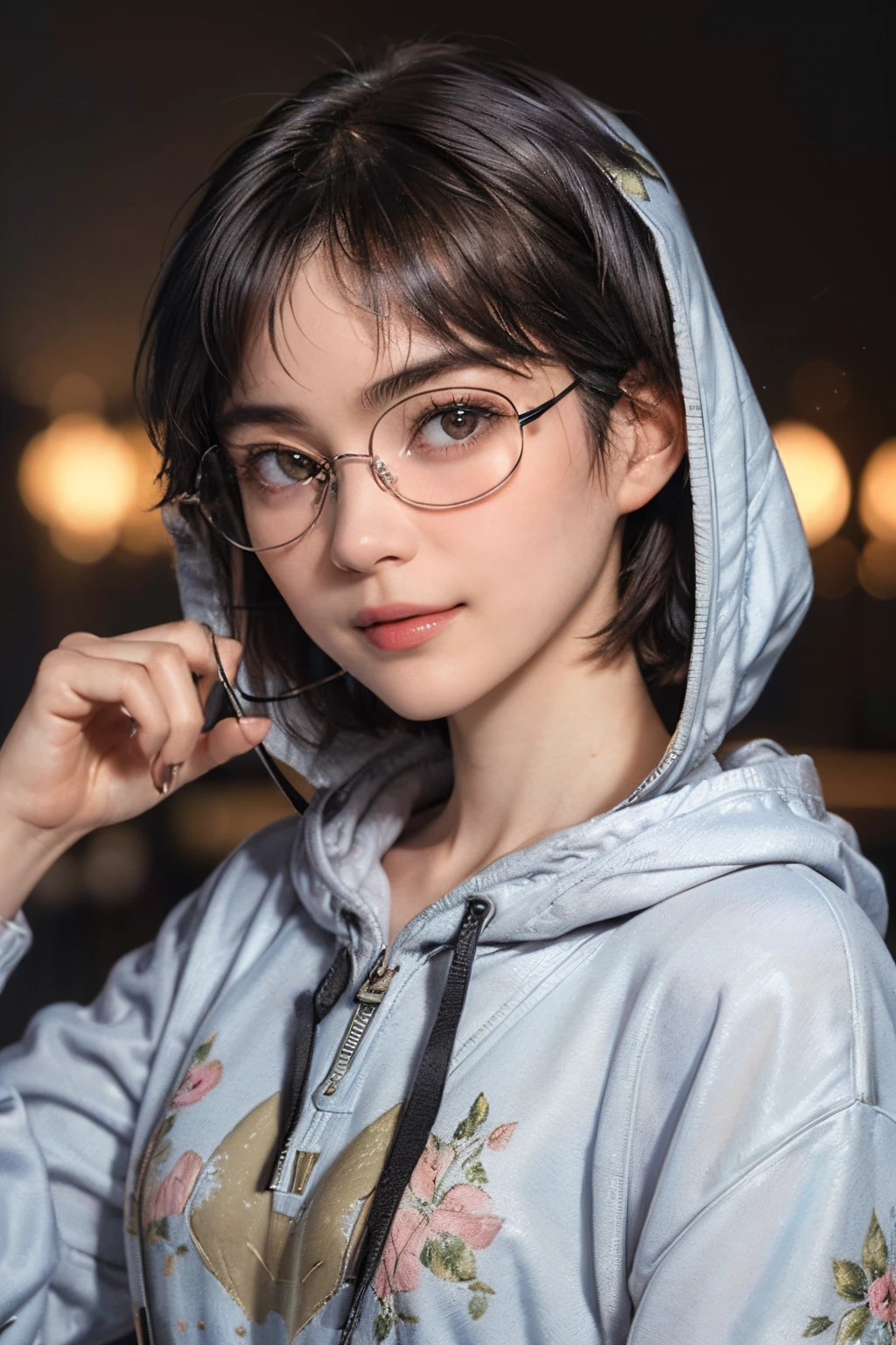 134
(a 20 yo woman,Wearing sportswear), (A hyper-realistic), (high-level image quality), ((beautiful hairstyle 46)), ((short-hair:1.46)), (Gentle smile), (brest:1.46), (lipsticks), (Wearing glasses:1.46), (darkened room), (florals), (wearing hoodies)