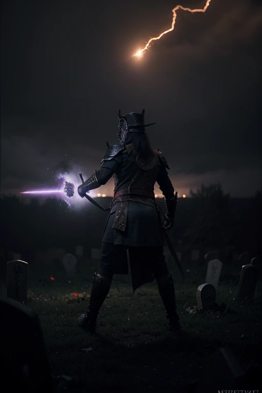 ((a lich from an old warrior)), (wearing the attire of a death knight), color black and red and purple, nether energy swirling around him, ((the backrground is an old graves)),( he is fighting demon), wild a giant whip