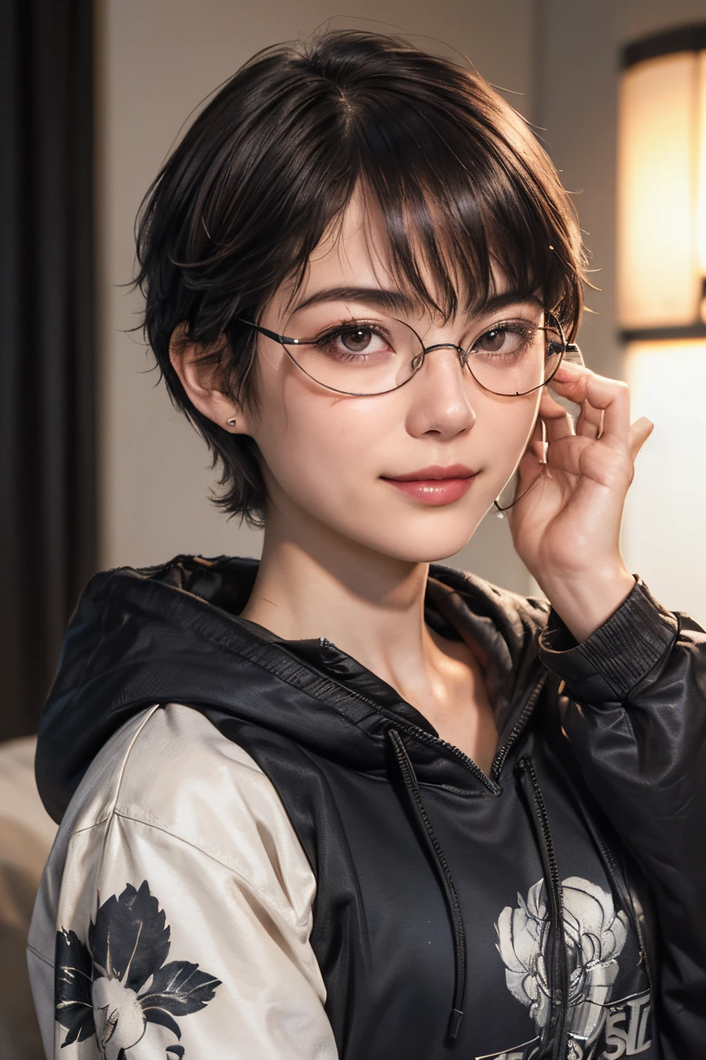 134
(a 20 yo woman,Wearing sportswear), (A hyper-realistic), (high-level image quality), ((beautiful hairstyle 46)), ((short-hair:1.46)), (Gentle smile), (brest:1.46), (lipsticks), (Wearing glasses:1.46), (darkened room), (florals), (wearing hoodies)