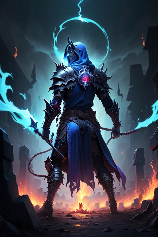 ((a lich from an old warrior)), (wearing the attire of a death knight), color black and red and purple, nether energy swirling around him, ((the backrground is an old graves)),( he is fighting demon), wild a giant whip