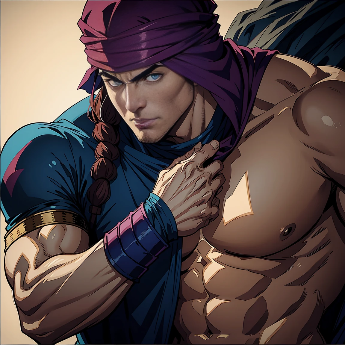 Turban rouge Visage effrayant Hokuto No Ken Structure Visage musclé Kenshiro Diriger des troupes Armée de démons à combattre Détails pointus Cinématiques Film épique Film légendaire hyper réaliste Film épique Visages très détaillés Personnages dramatiques