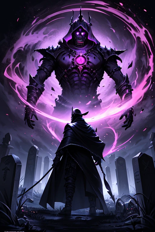 ((a lich from an old warrior)), (wearing the attire of a death knight), color black and red and purple, nether energy swirling around him, ((the backrground is an old graves)),( he is fighting demon), wild a giant whip