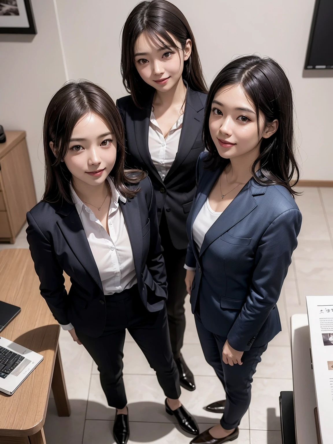 (Masterpiece), (8K, Photorealistic, RAW Photography, Best Quality: 1.4), Japan, Beautiful Face, (Realistic Face), (Medium Hair:1.3), Realistic Eyes, Beautiful Eyes, Attractive, Ultra High Definition, Ultra Realistic, High Definition, Beautiful Japan woman, grey suit, open jacket, ((jacket)), office lady, suit, ((pants)), (modern office indoors), desk, detailed face, long hair, group picture, multiple girls, 4girls, looking at viewer, ((smile)), (from above), ((white shirt)), (open shirt)