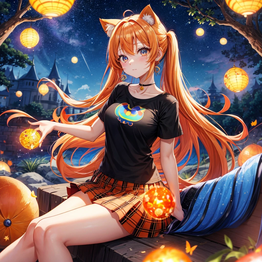 Orange hair、poneyTail、verd s eyes、one good looking girl、独奏、animesque、lightly dressed、Plaid miniskirt、a black T-shirt、fullmoon、Meteor swarm、large tree、Glittering starry sky、rainbow butterfly flying、Colorful marbles、sitting on、golden castle、flower petals、thread、Skysky